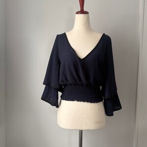 Likely Navy Women's Blouse Size Medium Flowly 3/4 Sleeves Dressy Smocked Top